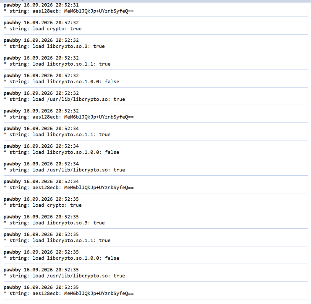LogicMachine log showing libcrypto loaded through LuaJIT FFI and an AES-128-ECB test result