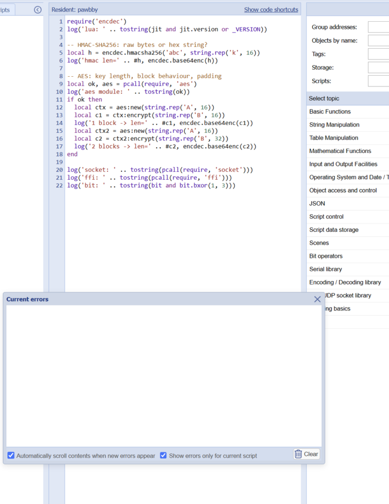 LogicMachine script editor with a Lua script probing encdec HMAC-SHA256, the aes module, socket, ffi and bit