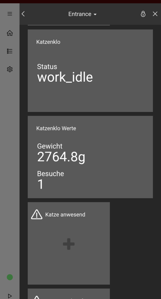 LogicMachine Mosaic dashboard tiles showing litter box status work_idle, weight 2764.8 g and one visit