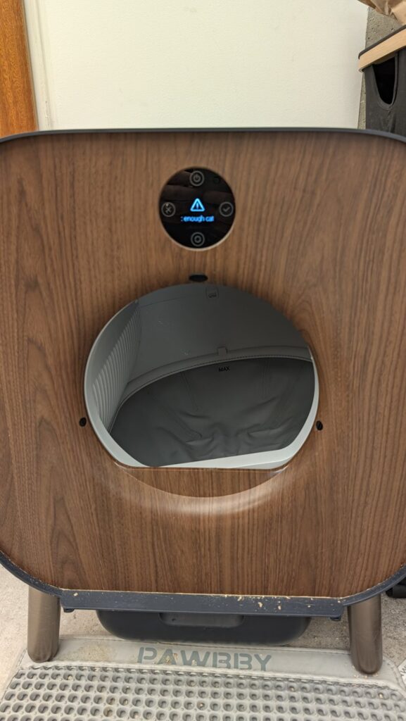 PAWBBY automatic self-cleaning cat litter box with wooden front and round status display