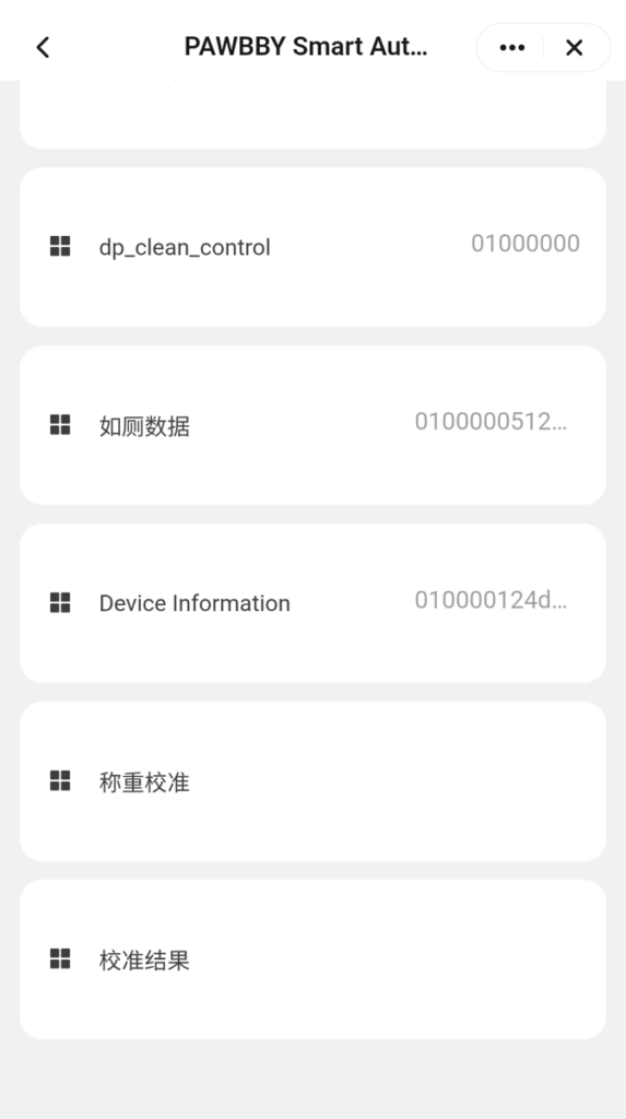 Tuya app device debug screen of the PAWBBY litter box showing dp_clean_control with the value 01000000